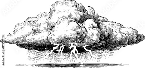 Dramatic thunderstorm illustration with engraved clouds and lightning bolts in vintage style