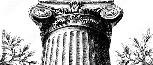 Vintage engraved symmetrical design featuring classical column capital with laurel leaves