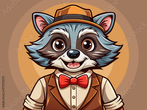 A dapper raccoon in suspenders and bow tie tips his hat, radiating vintage style, humor, and confidence