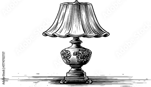 Vintage engraved table lamp with pleated shade and ornate base silhouette for retro decor