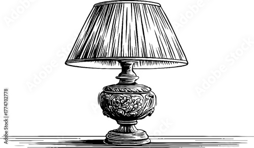 Vintage engraved table lamp with pleated shade and ornate base for retro interior decor