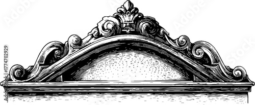 Vintage hand drawn engraved triangular pediment ornament with carved acanthus leaves for architectural design