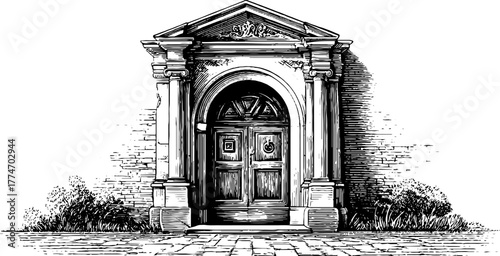 Vintage tudor arch doorway with timber frame and carved pane design for architectural print