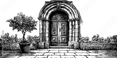 Vintage tudor arch doorway with timber frame in hand-drawn engraved style design for historical architecture lovers