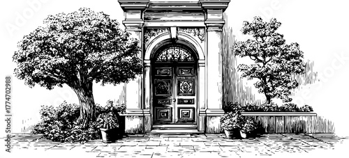 Vintage tudor arch doorway with timber frame and decorative carved panels