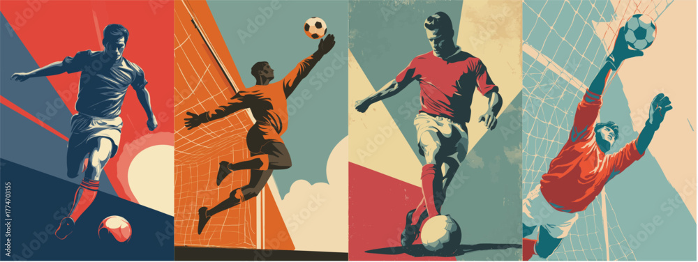 Fototapeta premium Vintage soccer poster set with retro football players and goalkeepers in classic athletic illustration style