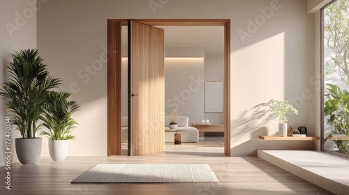 Modern Interior Design with Natural Light Showcasing Open Doorway and Minimalist Decor in Calming Earth Tones and Lush Greenery for Tranquil Atmosphere