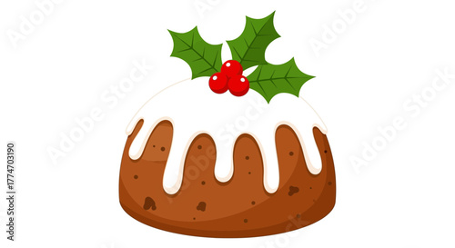 A festive Christmas pudding with white icing and a holly sprig on top, ready for holiday celebrations.
