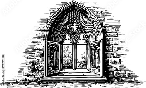 Engraved venetian window with ornate stonework and pointed arch design for architectural art