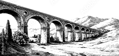 Historical aqueduct arches spanning valley in antique engraved style for retro design