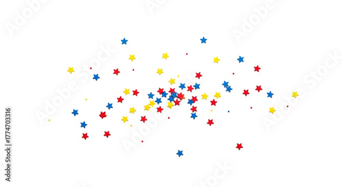 A vibrant cluster of small red, blue, and yellow stars scattered against a clean white background, creating a festive and celebratory graphic element.