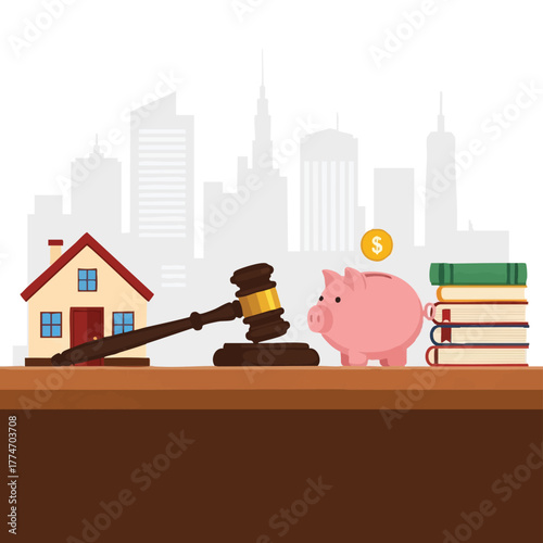 This conceptual illustration features a judge's gavel, a house, and a piggy bank, symbolizing legal proceedings, property disputes, and financial justice.