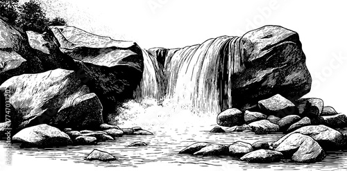 Vintage engraving of a serene waterfall with rocks and mist for natural design