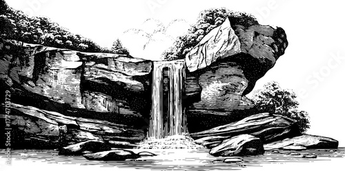 Vintage engraved waterfall scene with rocks and mist - natural landscape illustration for posters and cards