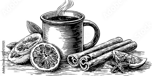 Winter still life with hot drink, citrus, and cinnamon for seasonal design