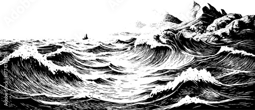 Dynamic ocean waves in retro hand-drawn engraving style for design and decor