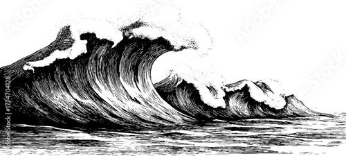 Vintage engraving of ocean waves with overlapping circular lines for wall art design