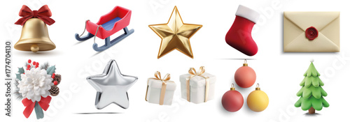 3D Christmas icons set with bell sled gold star stocking sealed envelope bouquet silver star gift boxes ornaments and pine tree isolated on white background. Vector illustration