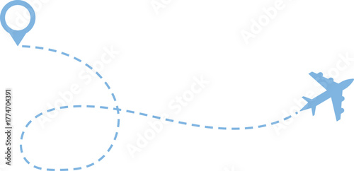 Airplane Route and Flight Path Icon Set. Travel Logistics and Destination Tracking Symbols. Journey Planning symbol. airplane flight route dotted line