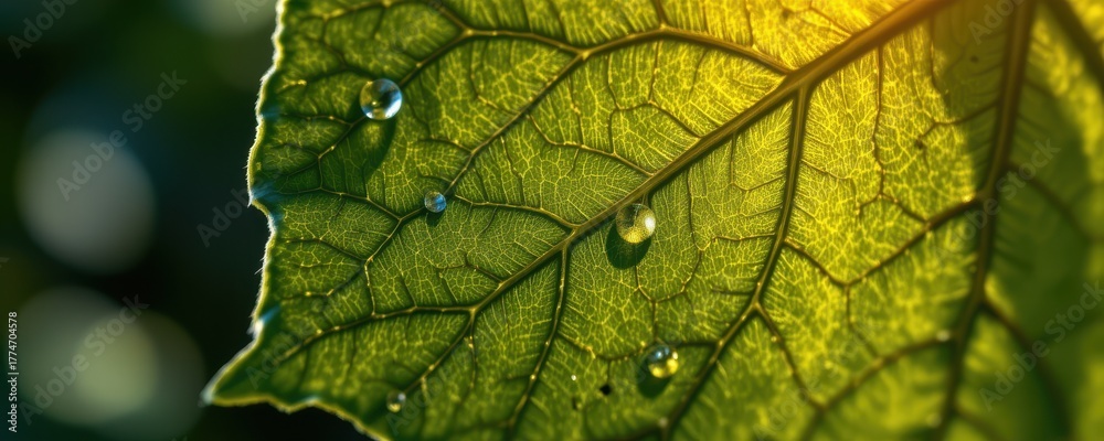 Obraz premium Close-up of a vibrant green leaf with visible veins and glistening water droplets, illuminated by warm sunlight, showcasing the intricate beauty and freshness of nature.