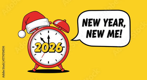 A festive alarm clock displaying the year 2026, with a Santa hat, and a motivational message.