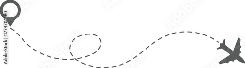 Airplane Route and Flight Path Icon Set. Travel Logistics and Destination Tracking Symbols. Journey Planning symbol. airplane flight route dotted line