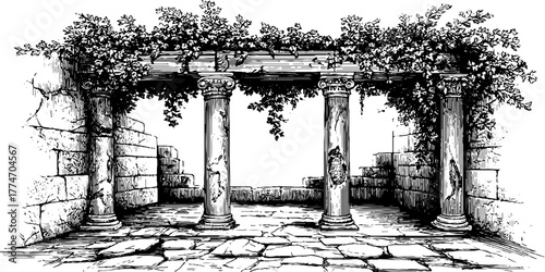 Timeless ancient courtyard with broken columns and ivy for historical design