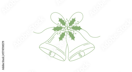 A simple green line art illustration of two Christmas bells tied with a ribbon and decorated with holly.