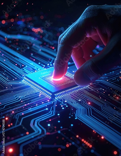 Human Hand Interacting with Glowing Microchip on Futuristic Circuit Board.