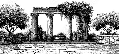 Ancient courtyard with broken columns and ivy in vintage engraving style