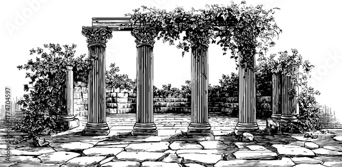 Ancient courtyard with broken columns and ivy - vintage engraving for historical design