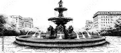 Ancient fountain with sculptures and flowing water in vintage engraving for retro designs