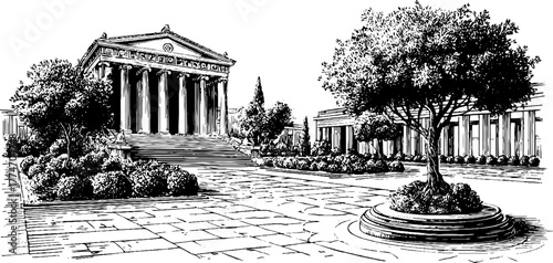 Ancient plaza with statue pedestal and decorative columns in vintage engraving style