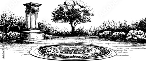Historic plaza scene with statue pedestal and ornamental details in vintage engraving style