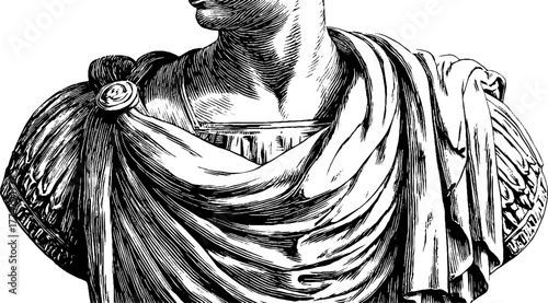 Ancient roman statue torso with draped cloth engraving for design or poster