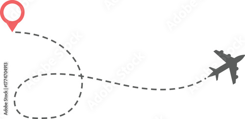 Airplane Route and Flight Path Icon Set. Travel Logistics and Destination Tracking Symbols. Journey Planning symbol. airplane flight route dotted line