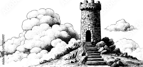 Ancient stone tower on hilltop surrounded by clouds - vintage engraving for design and decor