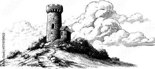 Ancient stone tower on hilltop with dramatic cloudy sky - vintage hand-drawn illustration for posters and designs