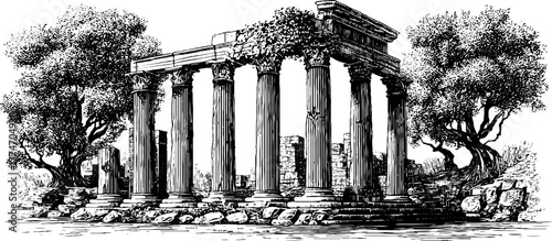 Ancient temple ruins engraving with crumbling pillars and scenic trees for historical design