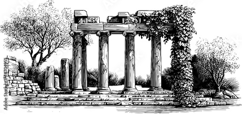 Ancient temple ruins with crumbling pillars sketch in vintage engraving style