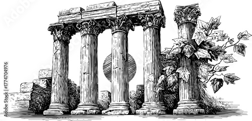 Ancient temple ruins with crumbling pillars and ivy leaves - vintage architectural sketch