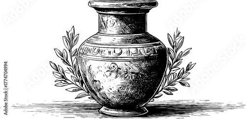 Vintage engraved antique amphora with ornamental ceramic design