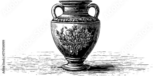Antique amphora with engraved ceramic ornament - vintage design for art and decor