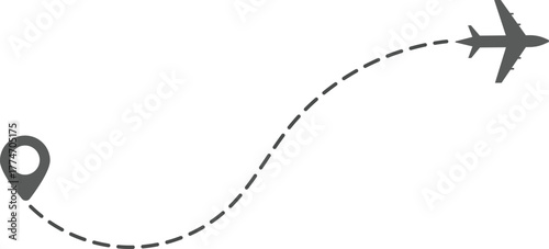 Airplane Route and Flight Path Icon Set. Travel Logistics and Destination Tracking Symbols. Journey Planning symbol. airplane flight route dotted line