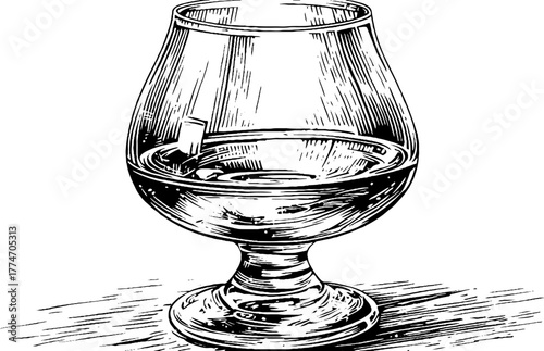 Engraving brandy snifter glass reflections vintage sketch hand drawn liquid illustration. Classic elegant barware design with refined texture and artistic ornate detail.
