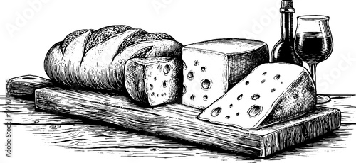 Rustic culinary still life with bread, cheese, and wine engraving - ideal for kitchen decor and food art