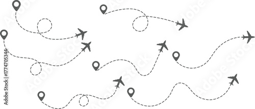 Airplane Route and Flight Path Icon Set. Travel Logistics and Destination Tracking Symbols. Journey Planning symbol. airplane flight route dotted line