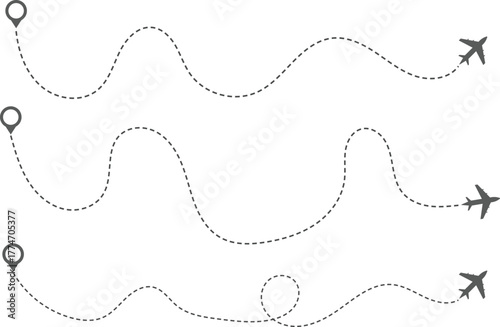Airplane Route and Flight Path Icon Set. Travel Logistics and Destination Tracking Symbols. Journey Planning symbol. airplane flight route dotted line