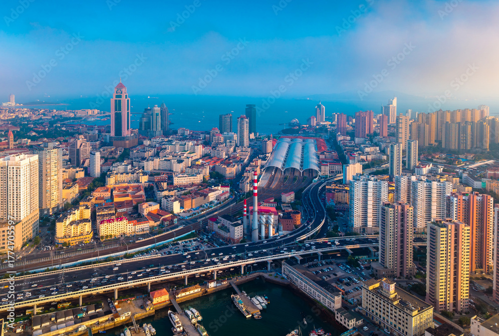 Fototapeta premium Urban Environment of Qingdao Railway Station and Jiaoning Elevated Road, China
