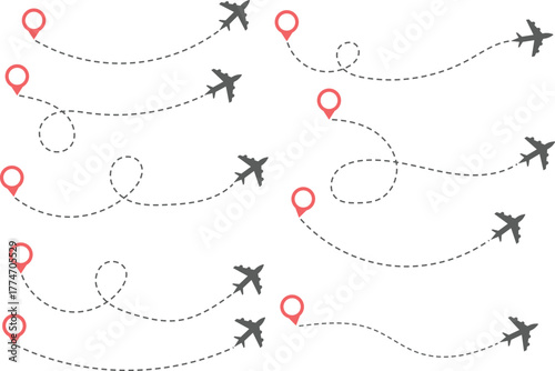 Airplane Route and Flight Path Icon Set. Travel Logistics and Destination Tracking Symbols. Journey Planning symbol. airplane flight route dotted line